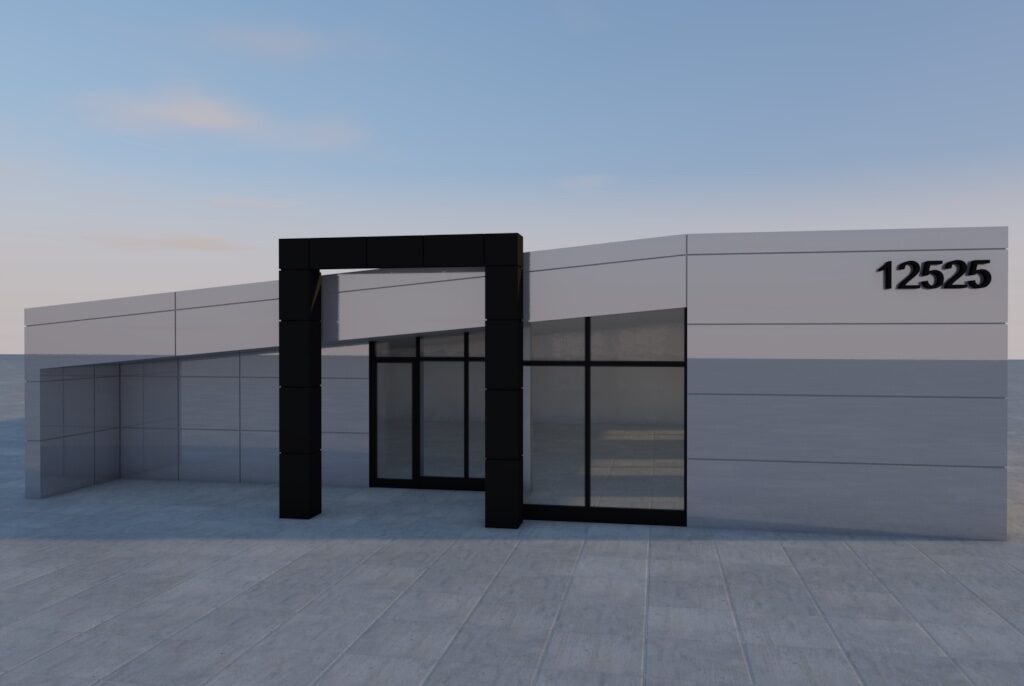 3D facade modeling Los Angeles commercial building with gray ACP panels and black entrance framing
