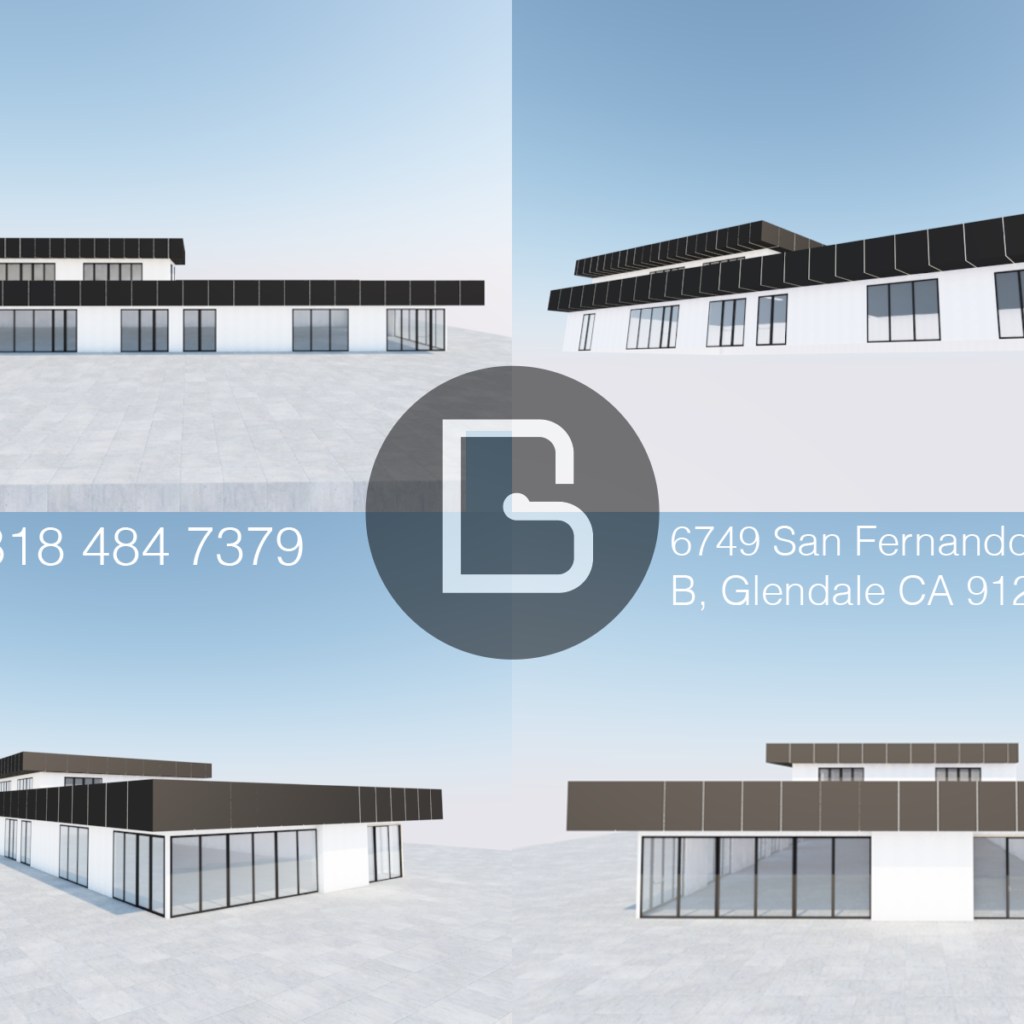 Four 3D architectural views showing commercial building facade and dark ACP fascia