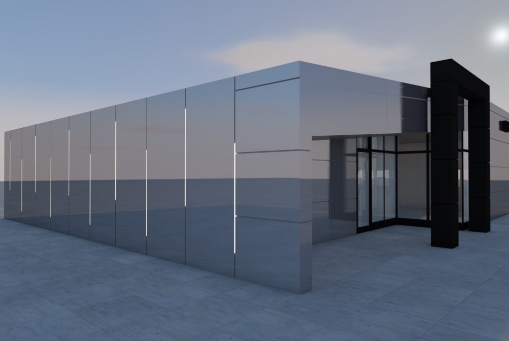 Front view of 3D commercial facade design with horizontal gray panels and black entrance frame