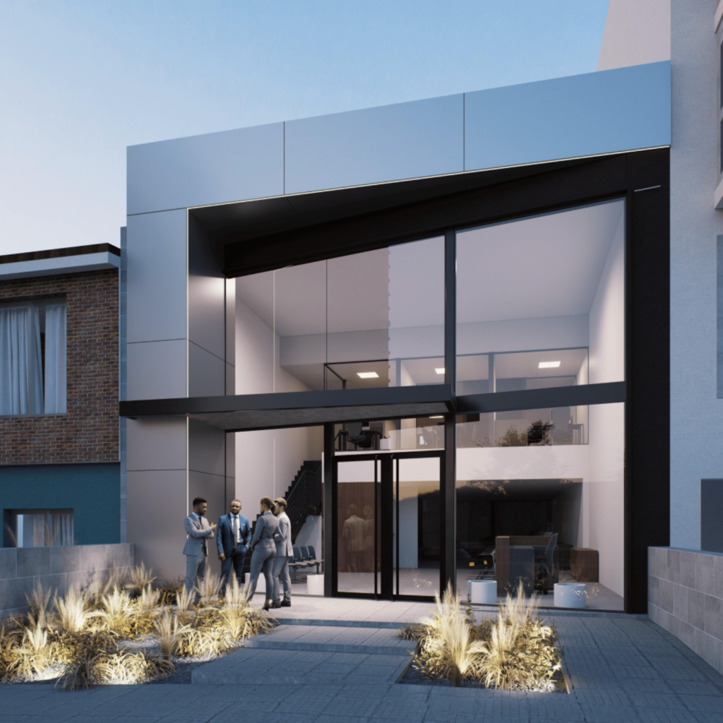 3D facade modeling Los Angeles showing modern commercial building with light gray ACP cladding and two-story glass entrance